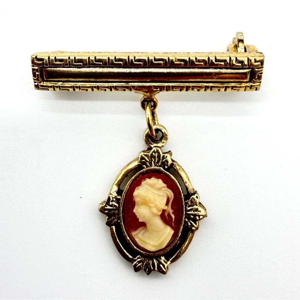 Vintage Gold Tone Cameo Dangle Bar Brooch Pin Victorian Lady Portrait Pendant